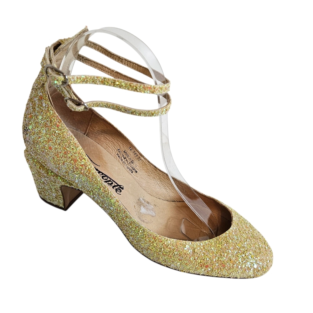 Free People Glitter Ankle-Strap Block Heel in Yellow Gold